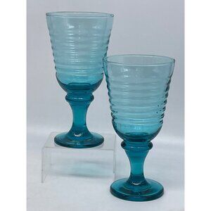 Vtg Sirrus Turquoise Ocean By Libbey Glass Goblet Ribbed 7 1/4" Stemware HTF